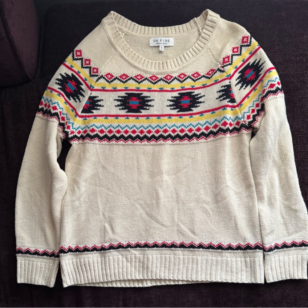 On Fire Beige Sweater with Colorful Geometric Pattern